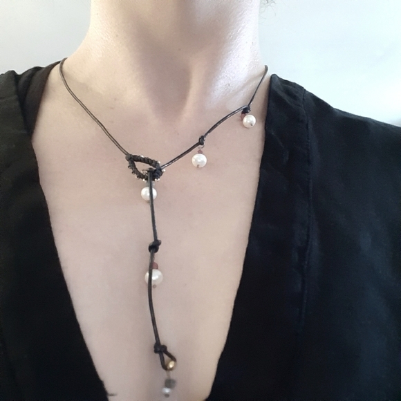 Handcrafted Jewelry - Handcrafted Natural Pearl and Real Ruby Leather Lariat Necklace